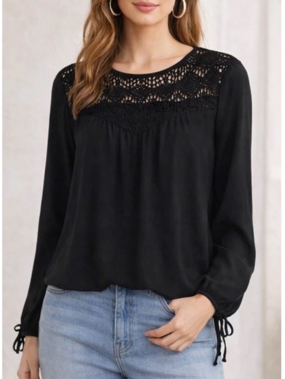 🦋🎯 Forever 21 Black Boho Crochet Lace Yoke Blouse Long Sleeve Casual Chic Top S
